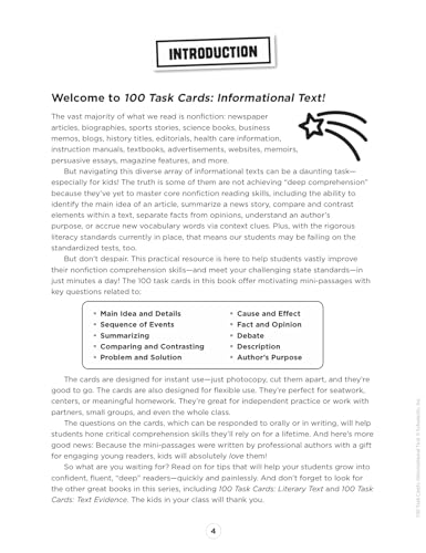 100 Task Cards: Informational Text: Reproducible Mini-Passages With Key Questions to Boost Reading Comprehension Skills