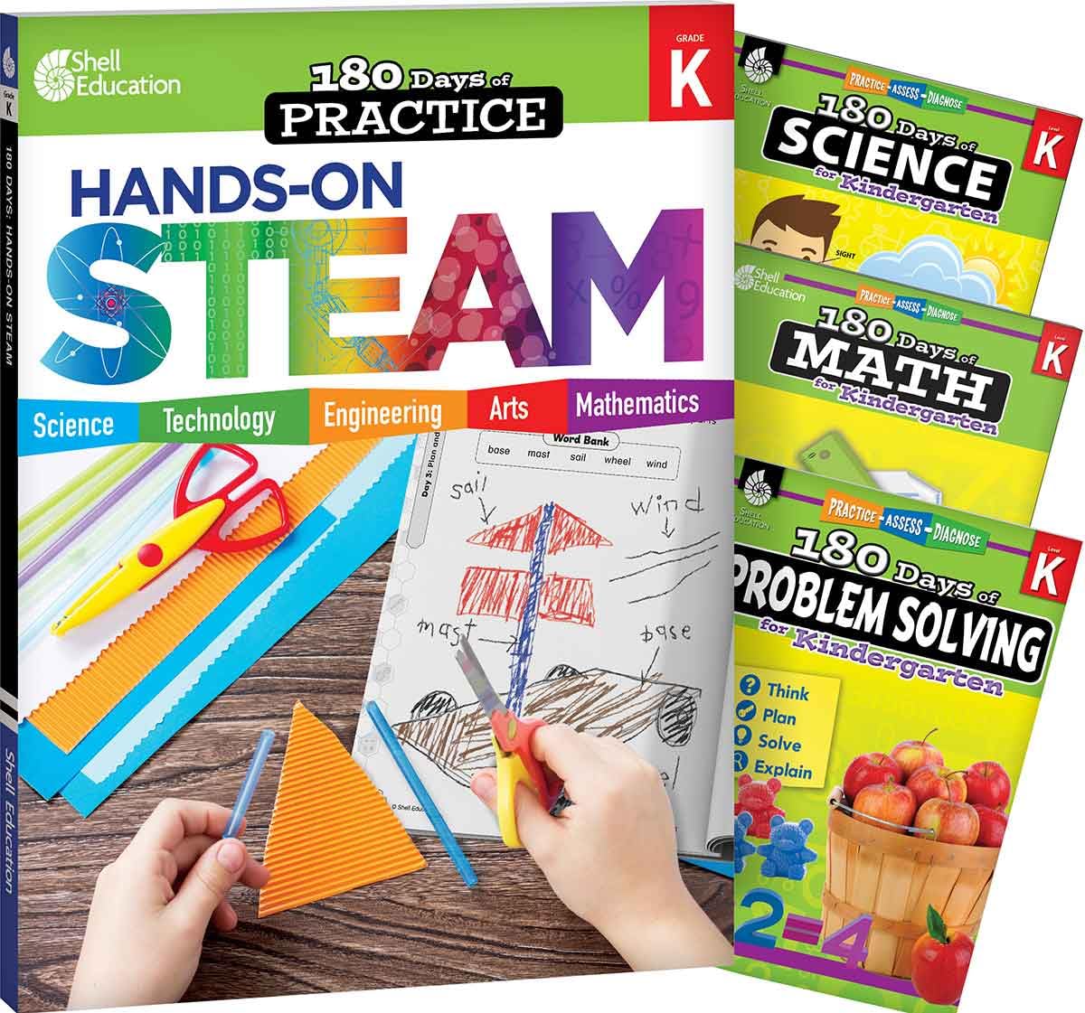 180 Days™: STEAM, Science, Math, & Problem Solving Grade K: 4-Book Set (180 Days of Practice)