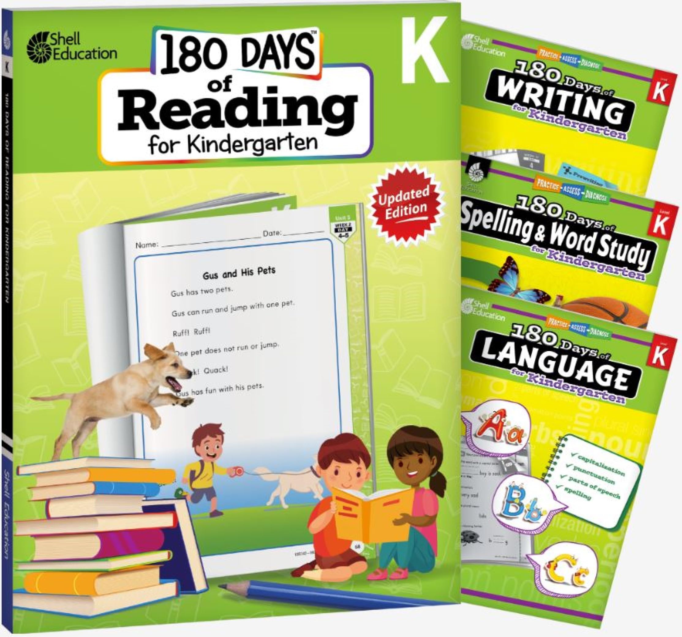 180 Days™: Reading 2nd Ed, Writing, Spelling, & Language Grade K: 4-Book Set (180 Days of Practice)